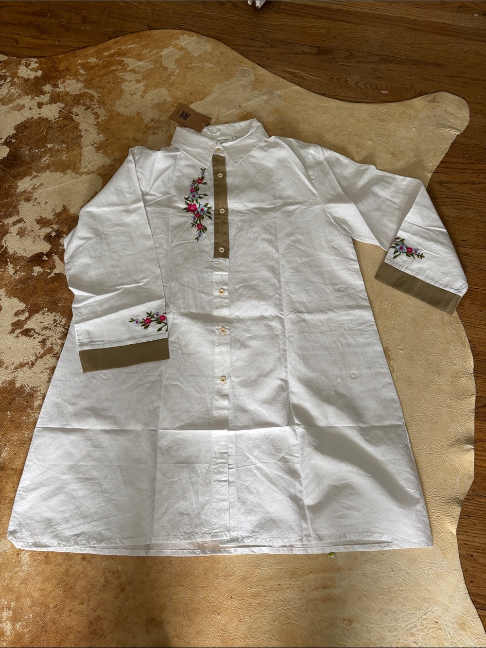 White Embroidered Tunic with Olive Trim